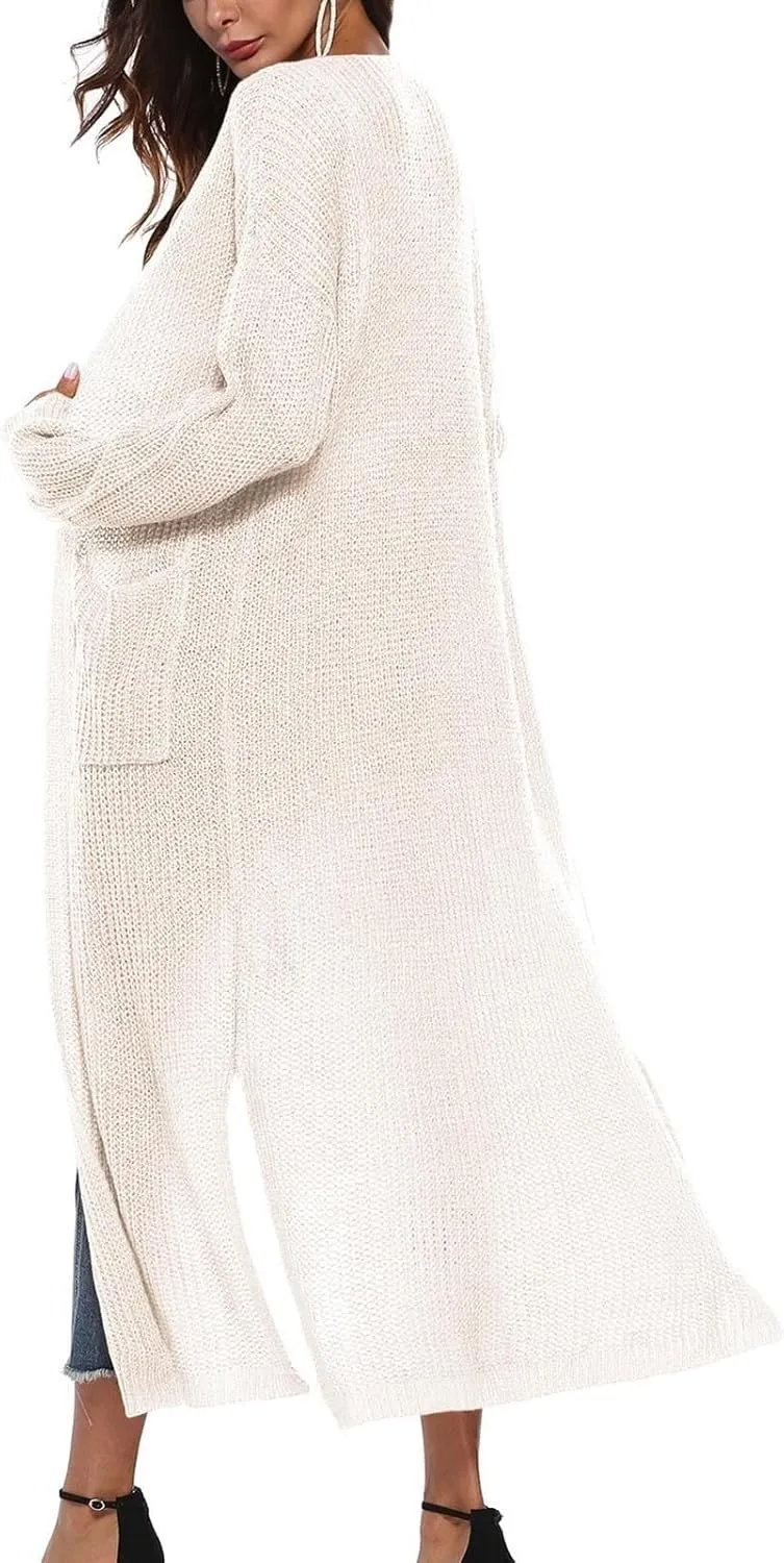 Women's Lightweight Longline Knitted Cardigan, Open Front Draped Sweater Coat with Pockets