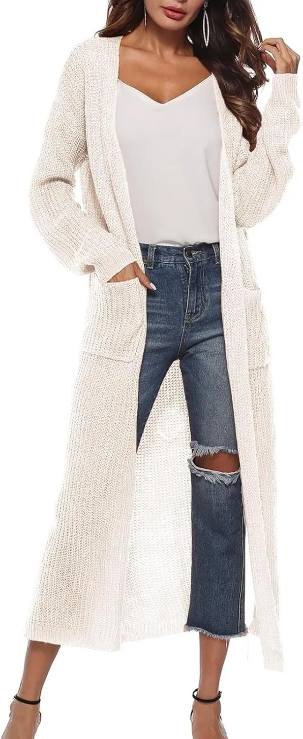 Women's Lightweight Longline Knitted Cardigan, Open Front Draped Sweater Coat with Pockets