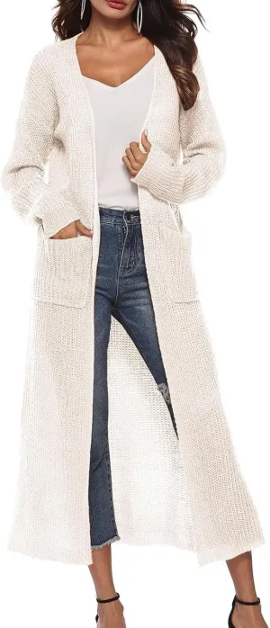 Women's Lightweight Longline Knitted Cardigan, Open Front Draped Sweater Coat with Pockets