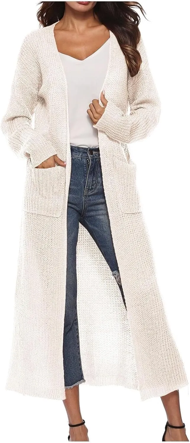 Women's Lightweight Longline Knitted Cardigan, Open Front Draped Sweater Coat with Pockets