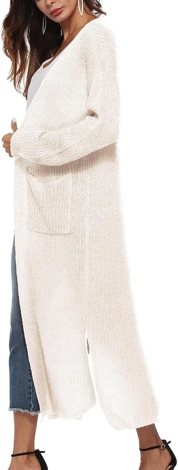 Women's Lightweight Longline Knitted Cardigan, Open Front Draped Sweater Coat with Pockets