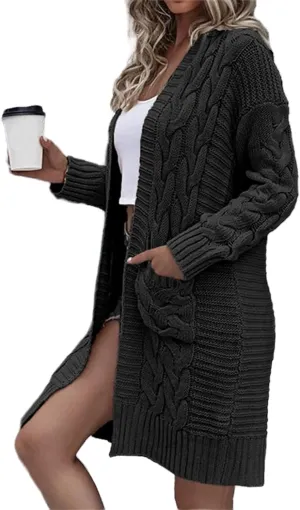 Womens Long Cardigan Coats Thin Stylish Cable Knit Maxi Sweater Open Front Coatigan Outerwear