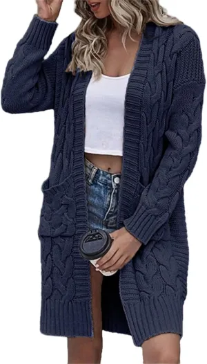 Womens Long Cardigan Coats Thin Stylish Cable Knit Maxi Sweater Open Front Coatigan Outerwear