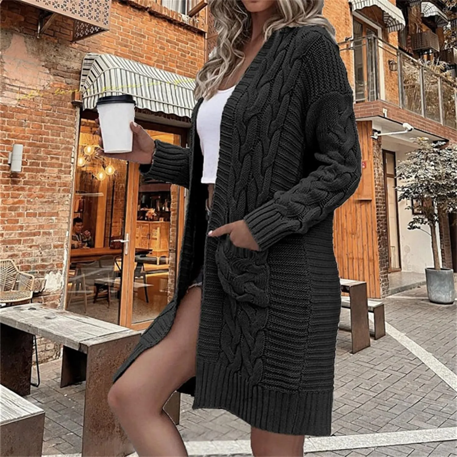 Womens Long Cardigan Coats Thin Stylish Cable Knit Maxi Sweater Open Front Coatigan Outerwear