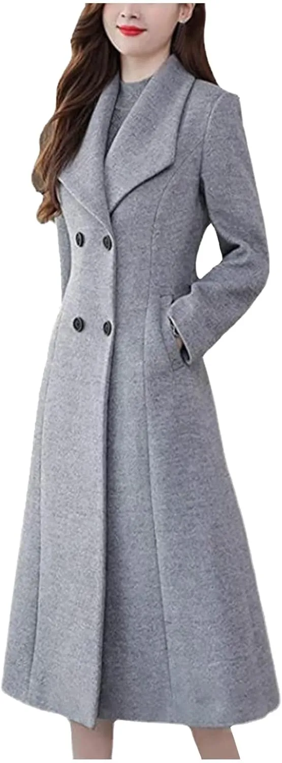 Womens Long Cozy Wool Coat Double Breasted Trench Coat Winter Notched Lapel Full Long Overcoat Pea Coat with Pocket
