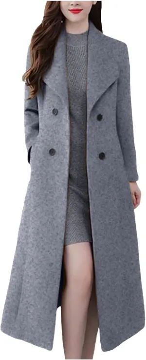 Womens Long Cozy Wool Coat Double Breasted Trench Coat Winter Notched Lapel Full Long Overcoat Pea Coat with Pocket