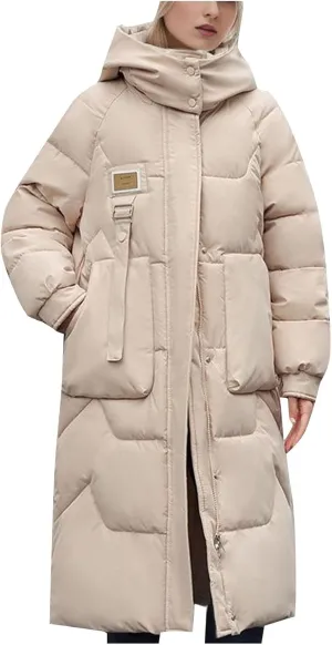 Women's Long Down Jacket Warm Winter Coat Hooded Puffer Jacket Thickened Outerwear Windproof Quilted Jackets Parka