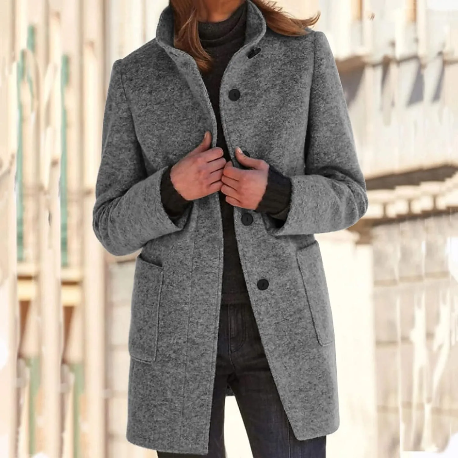 Women's Long Pea Coats Casual Stand Collar Wool Blend Coats Winter Soild Color Thicken Trench Coat Overcoat