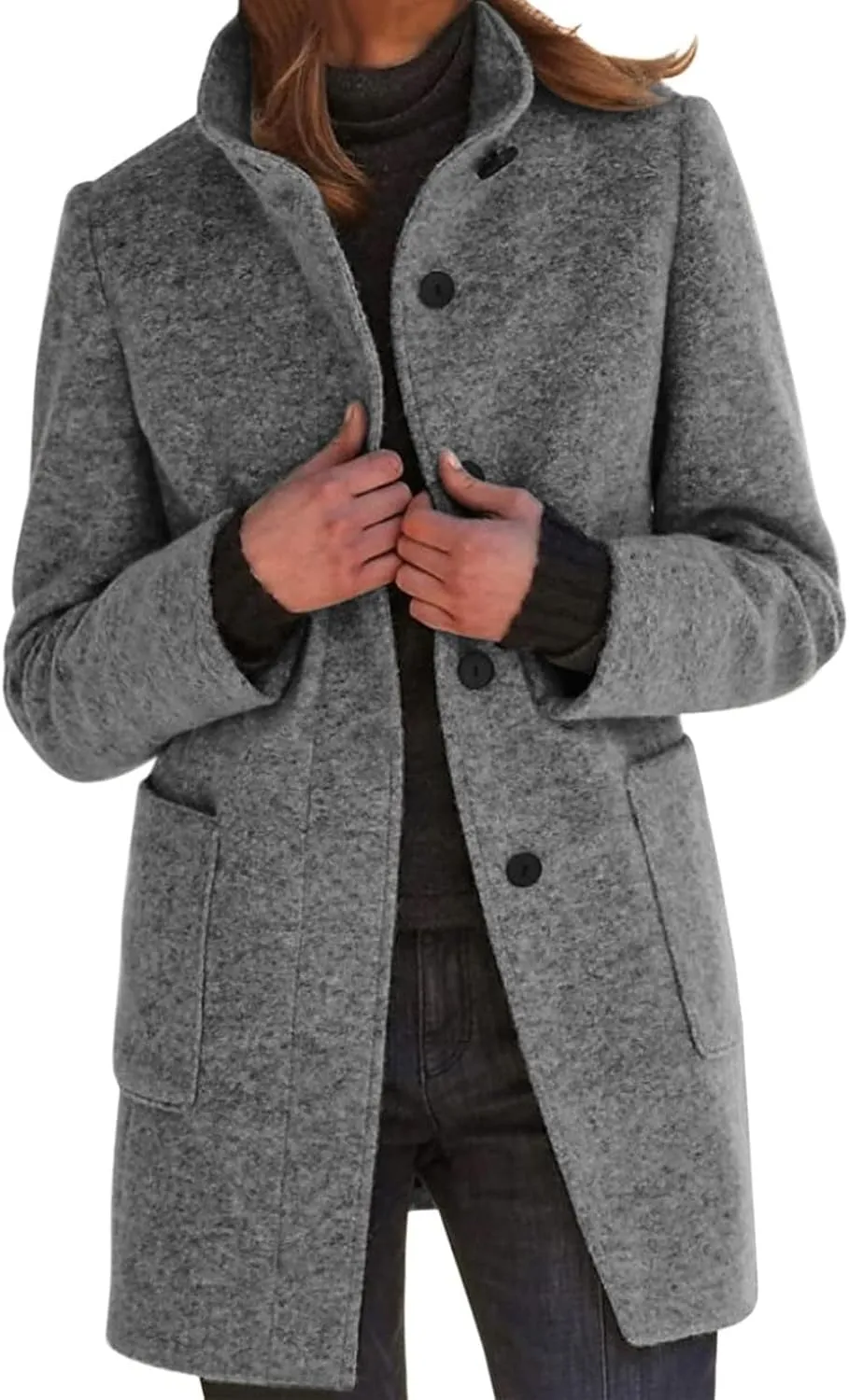 Women's Long Pea Coats Casual Stand Collar Wool Blend Coats Winter Soild Color Thicken Trench Coat Overcoat