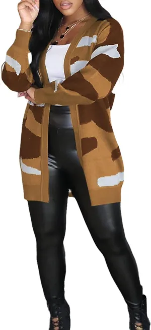 Women's Long Sleeve Chunky Cable Knit Cardigan Sweaters Lightweight Oversized Open Front Fall Camo Outwear Coats