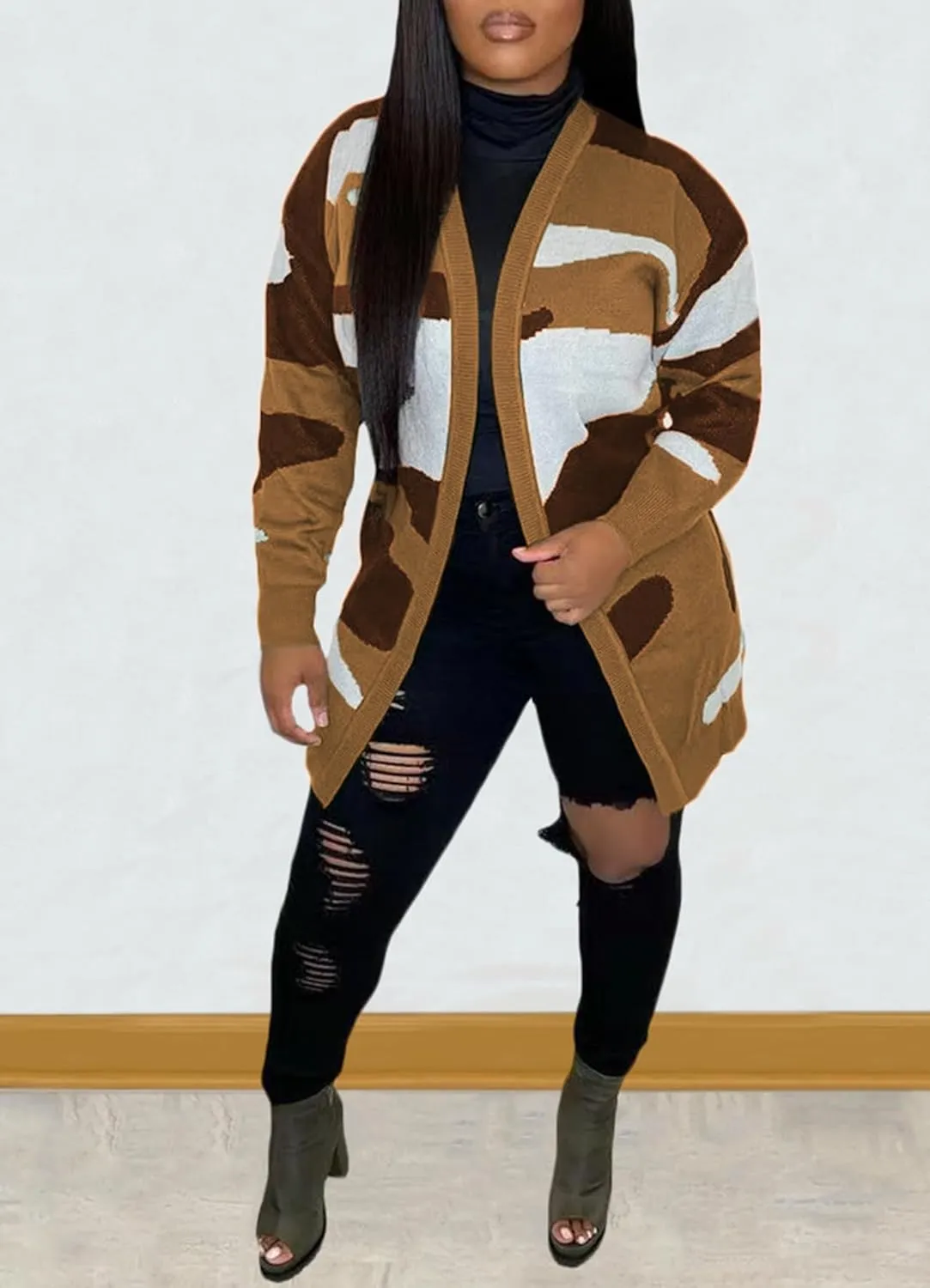 Women's Long Sleeve Chunky Cable Knit Cardigan Sweaters Lightweight Oversized Open Front Fall Camo Outwear Coats