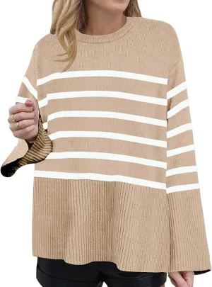 Women's Long Sleeve Crew Neck Oversized Striped Sweaters Color Block Comfy Loose Knitted Pullover Tops Winter Outwear