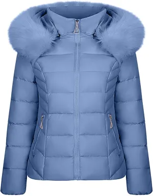 Women's Long Sleeve Cropped Puffer Jacket Winter Zipper Quilted Baggy Warm Short Down Coats Outwear with Fur Hood