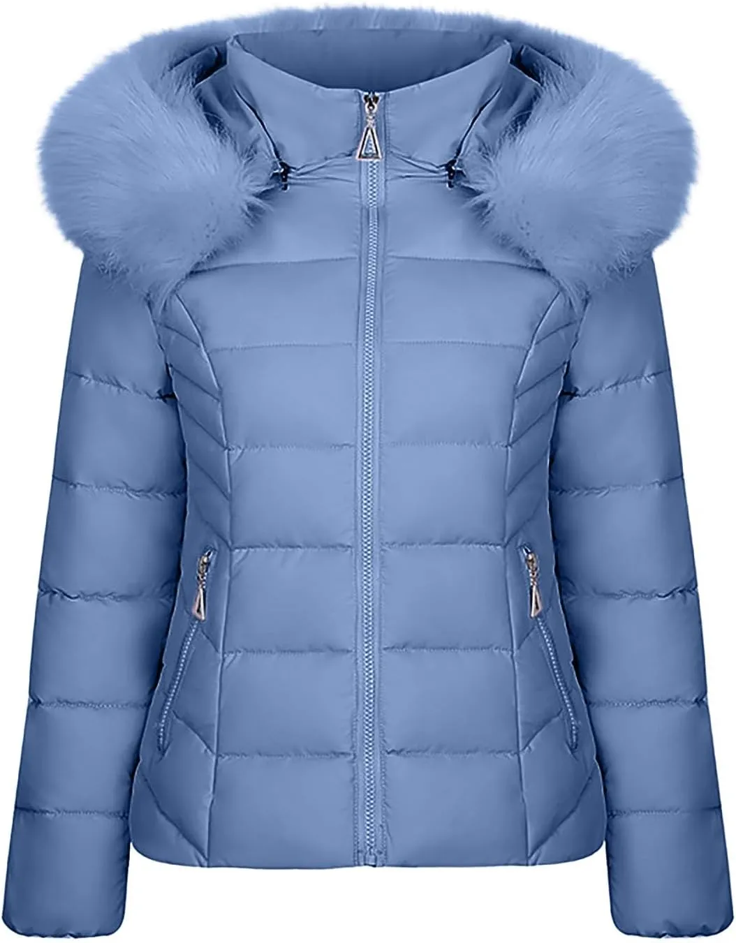 Women's Long Sleeve Cropped Puffer Jacket Winter Zipper Quilted Baggy Warm Short Down Coats Outwear with Fur Hood