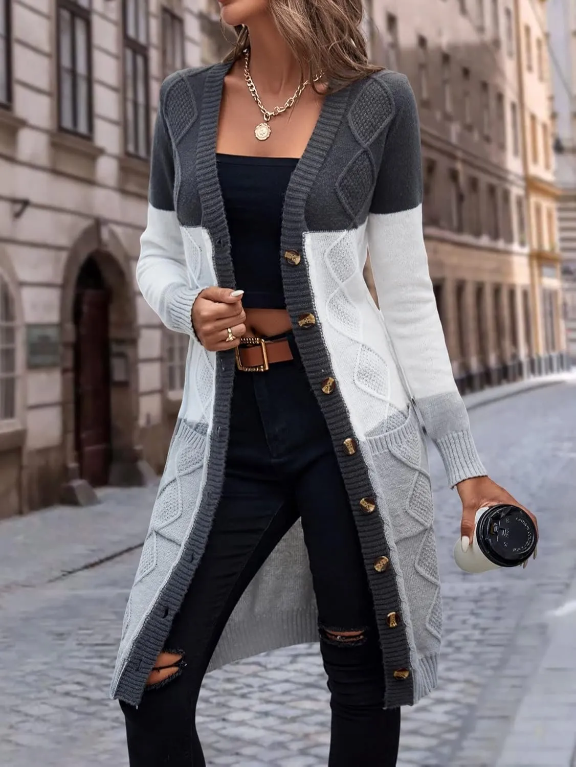 Womens Long Sleeve Open Front Sweaters Colorblock Longline Cardigan