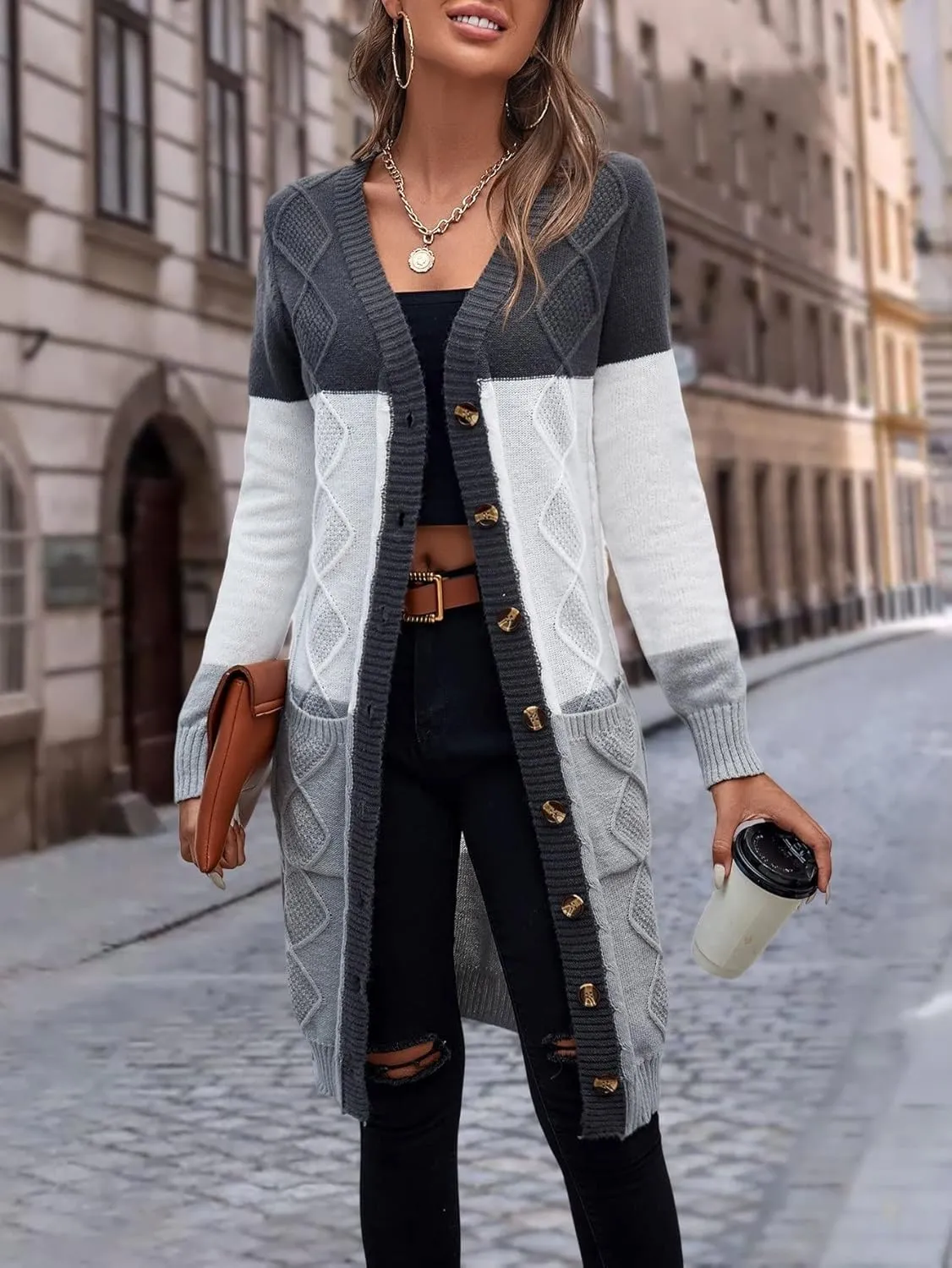 Womens Long Sleeve Open Front Sweaters Colorblock Longline Cardigan