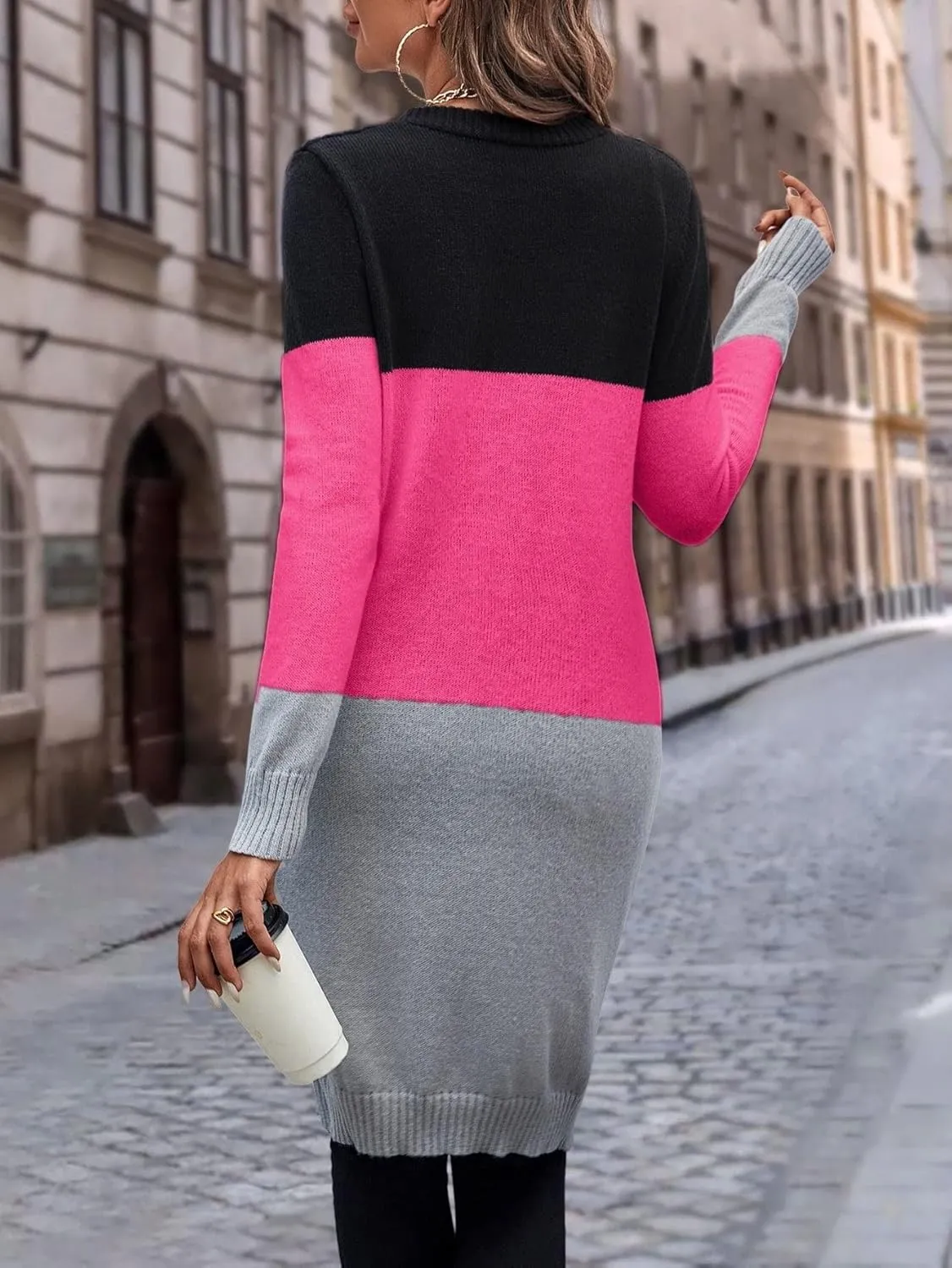 Womens Long Sleeve Open Front Sweaters Colorblock Longline Cardigan