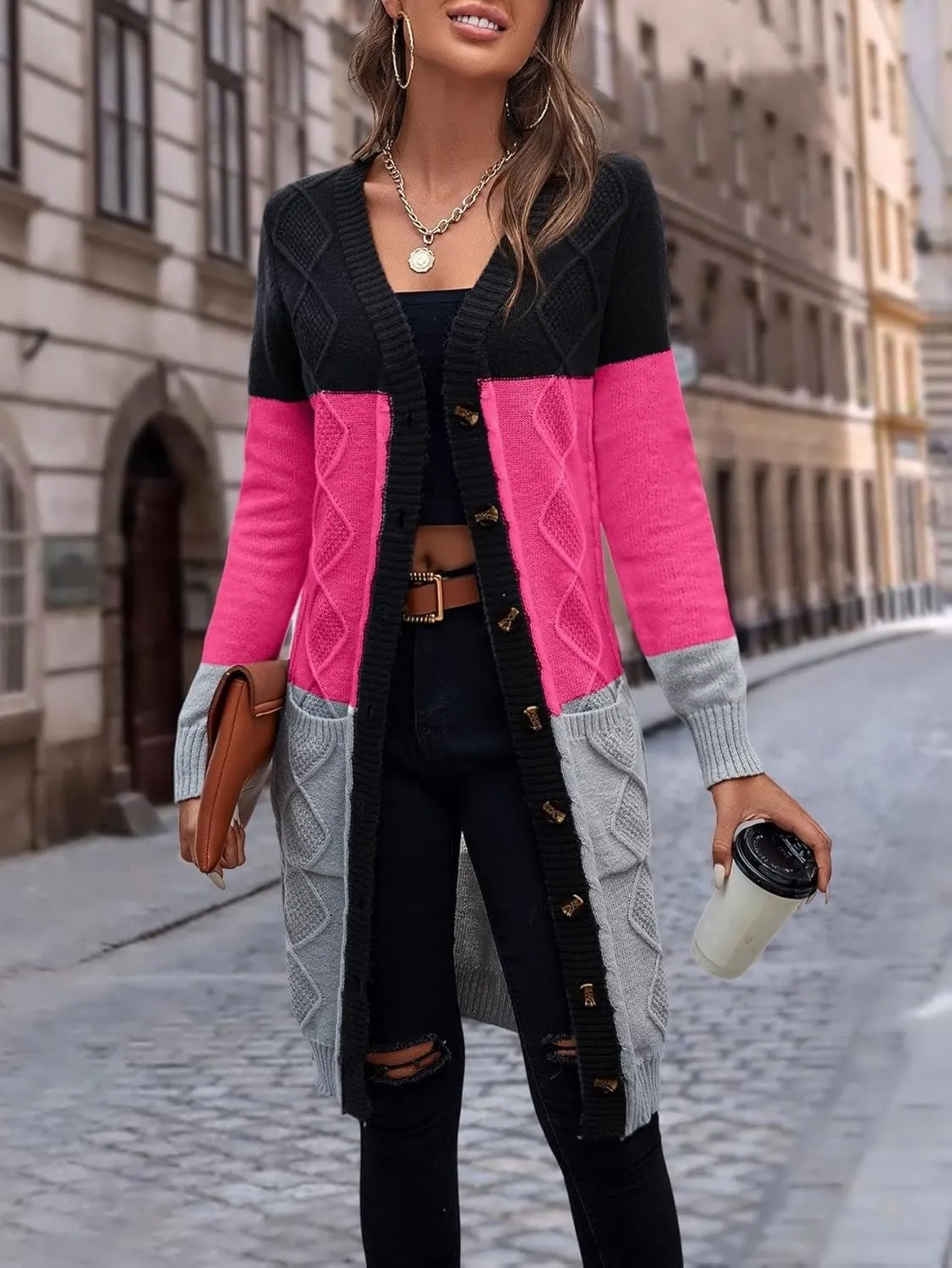 Womens Long Sleeve Open Front Sweaters Colorblock Longline Cardigan