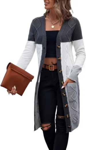 Womens Long Sleeve Open Front Sweaters Colorblock Longline Cardigan