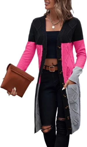 Womens Long Sleeve Open Front Sweaters Colorblock Longline Cardigan