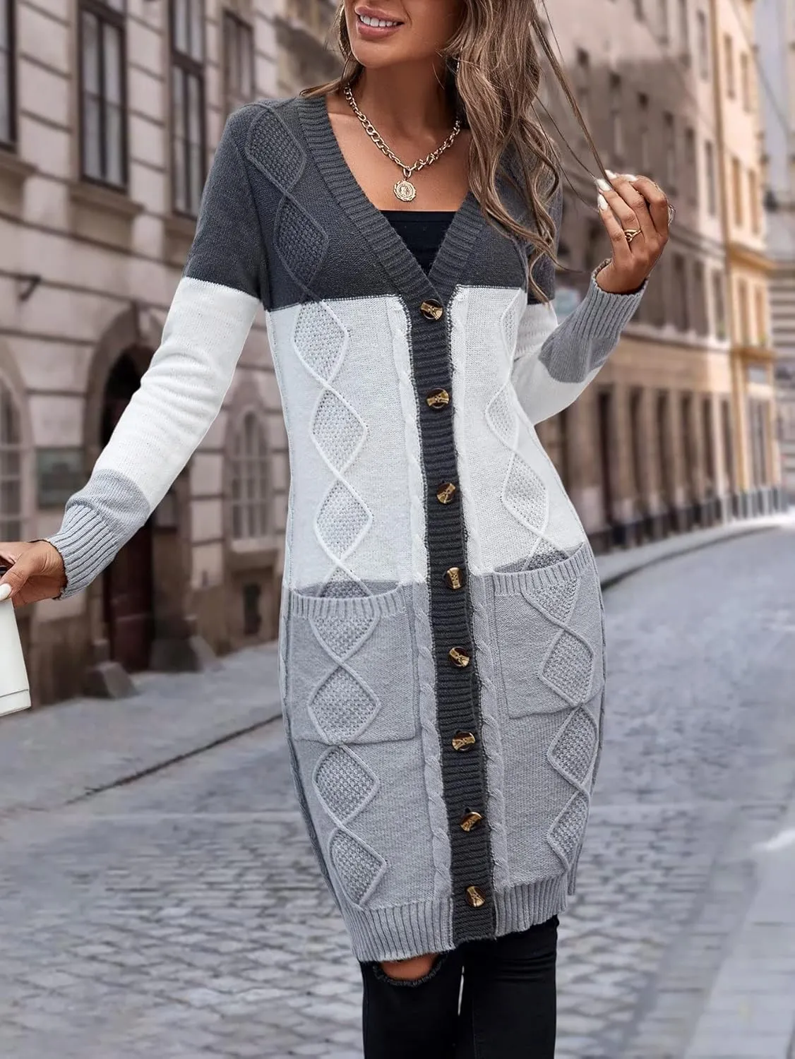 Womens Long Sleeve Open Front Sweaters Colorblock Longline Cardigan