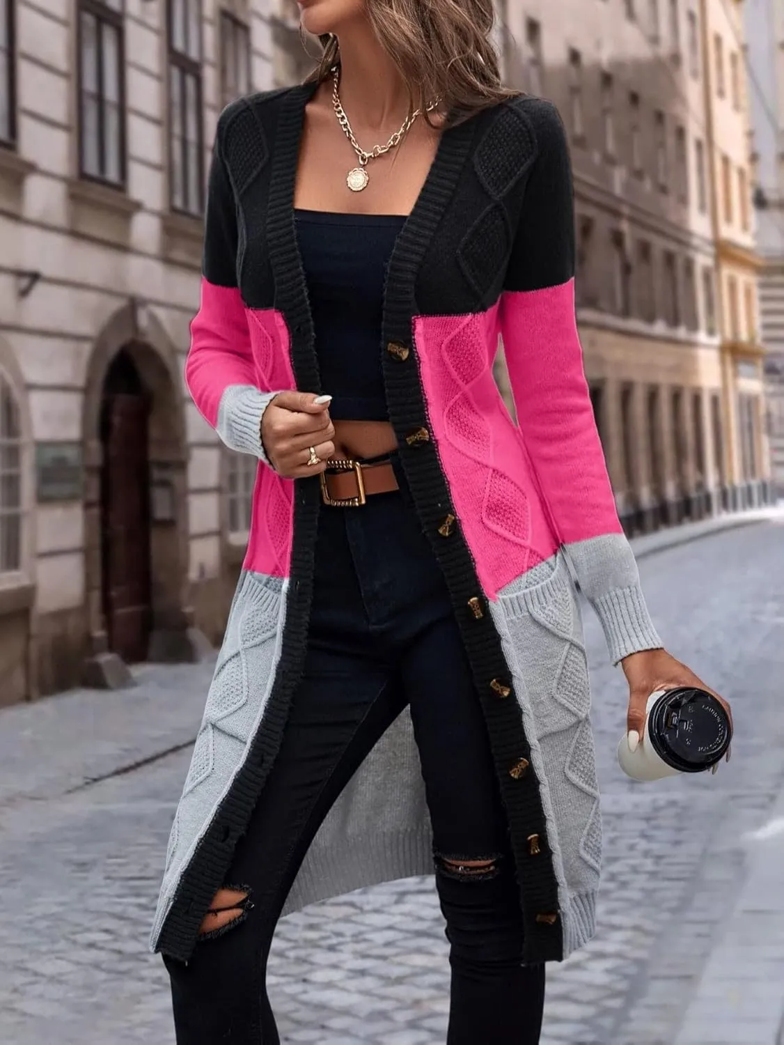 Womens Long Sleeve Open Front Sweaters Colorblock Longline Cardigan