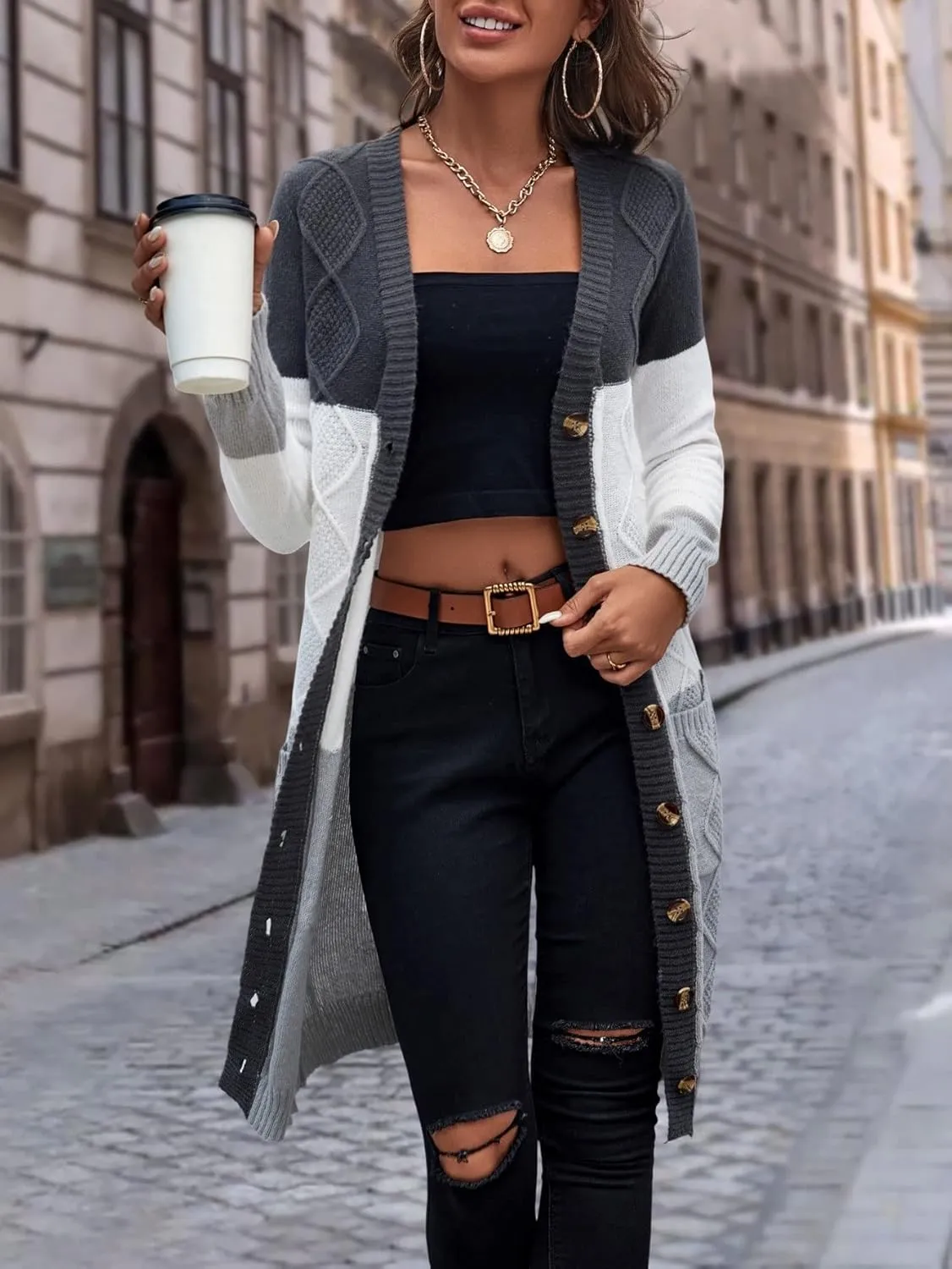 Womens Long Sleeve Open Front Sweaters Colorblock Longline Cardigan