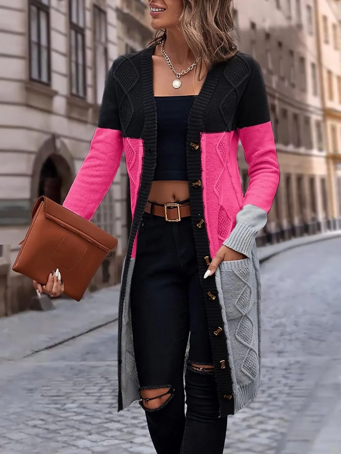Womens Long Sleeve Open Front Sweaters Colorblock Longline Cardigan