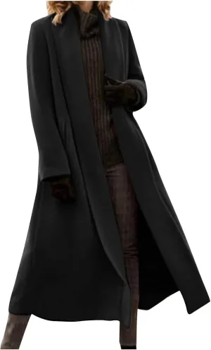 Women's Long Winter Pea Coat Open Front Wool Blend Cardigan Overcoat Loose Lapel Trench Coats Classy Outerwear