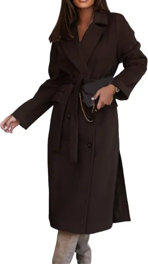 Womens Long Wool Blend Pea Coat Camel Notched Collar Double Breasted Outerwear Jacket