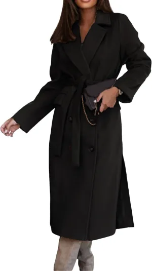 Womens Long Wool Blend Pea Coat Camel Notched Collar Double Breasted Outerwear Jacket