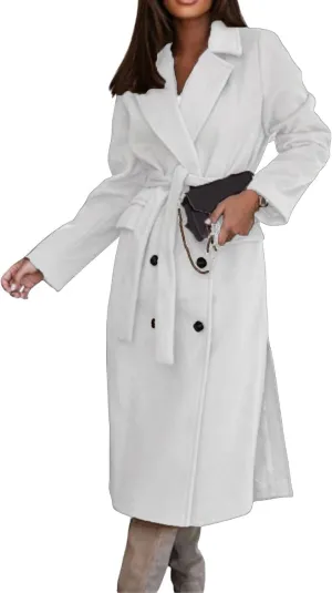 Womens Long Wool Blend Pea Coat Camel Notched Collar Double Breasted Outerwear Jacket