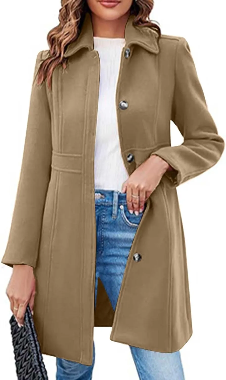 Womens Long Wool Coats Winter Dressy Single Breasted Blend Trench Coat Jacket Fall Winter Solid Color Casual Peacoat