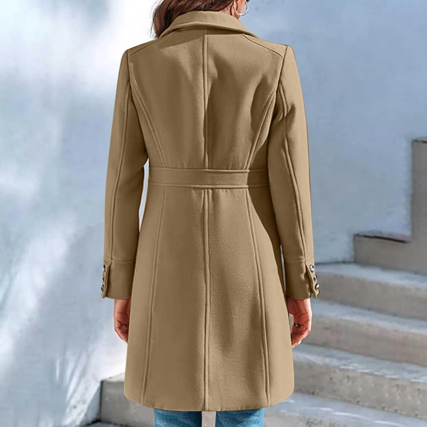 Womens Long Wool Coats Winter Dressy Single Breasted Blend Trench Coat Jacket Fall Winter Solid Color Casual Peacoat