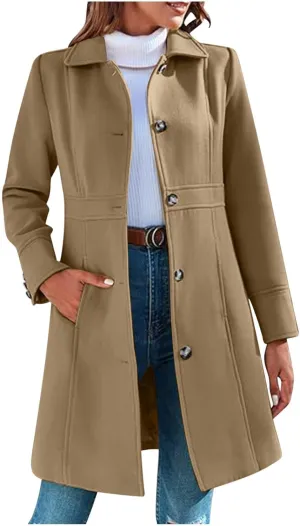 Womens Long Wool Coats Winter Dressy Single Breasted Blend Trench Coat Jacket Fall Winter Solid Color Casual Peacoat