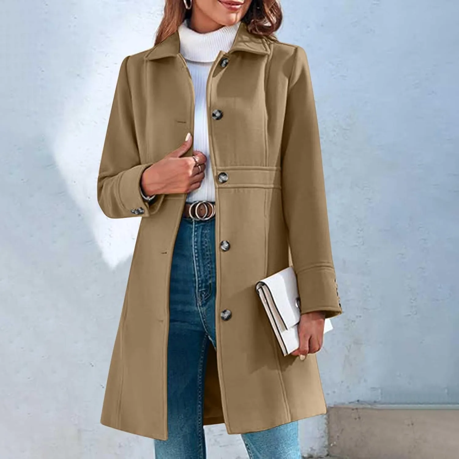 Womens Long Wool Coats Winter Dressy Single Breasted Blend Trench Coat Jacket Fall Winter Solid Color Casual Peacoat