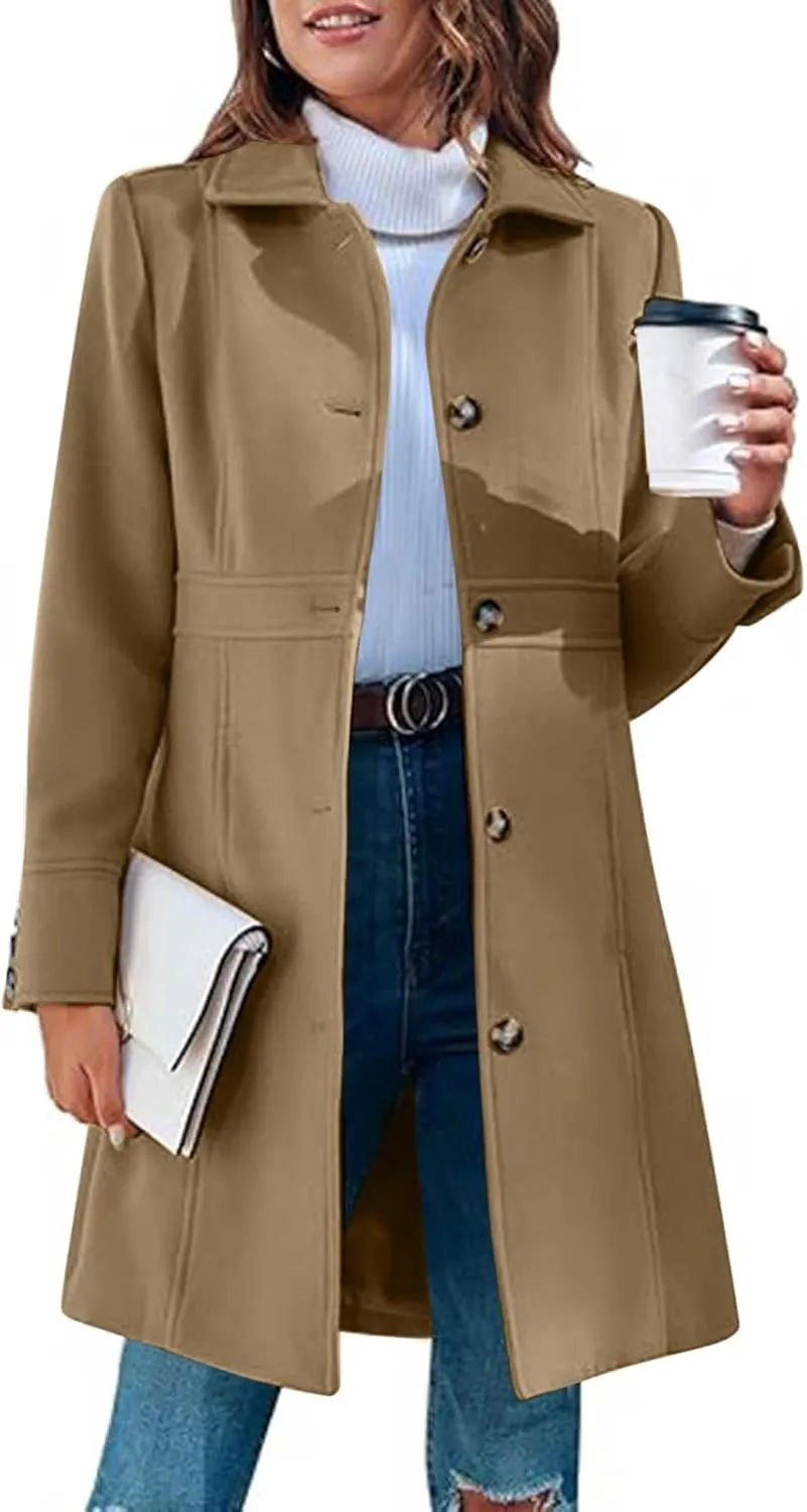 Womens Long Wool Coats Winter Dressy Single Breasted Blend Trench Coat Jacket Fall Winter Solid Color Casual Peacoat