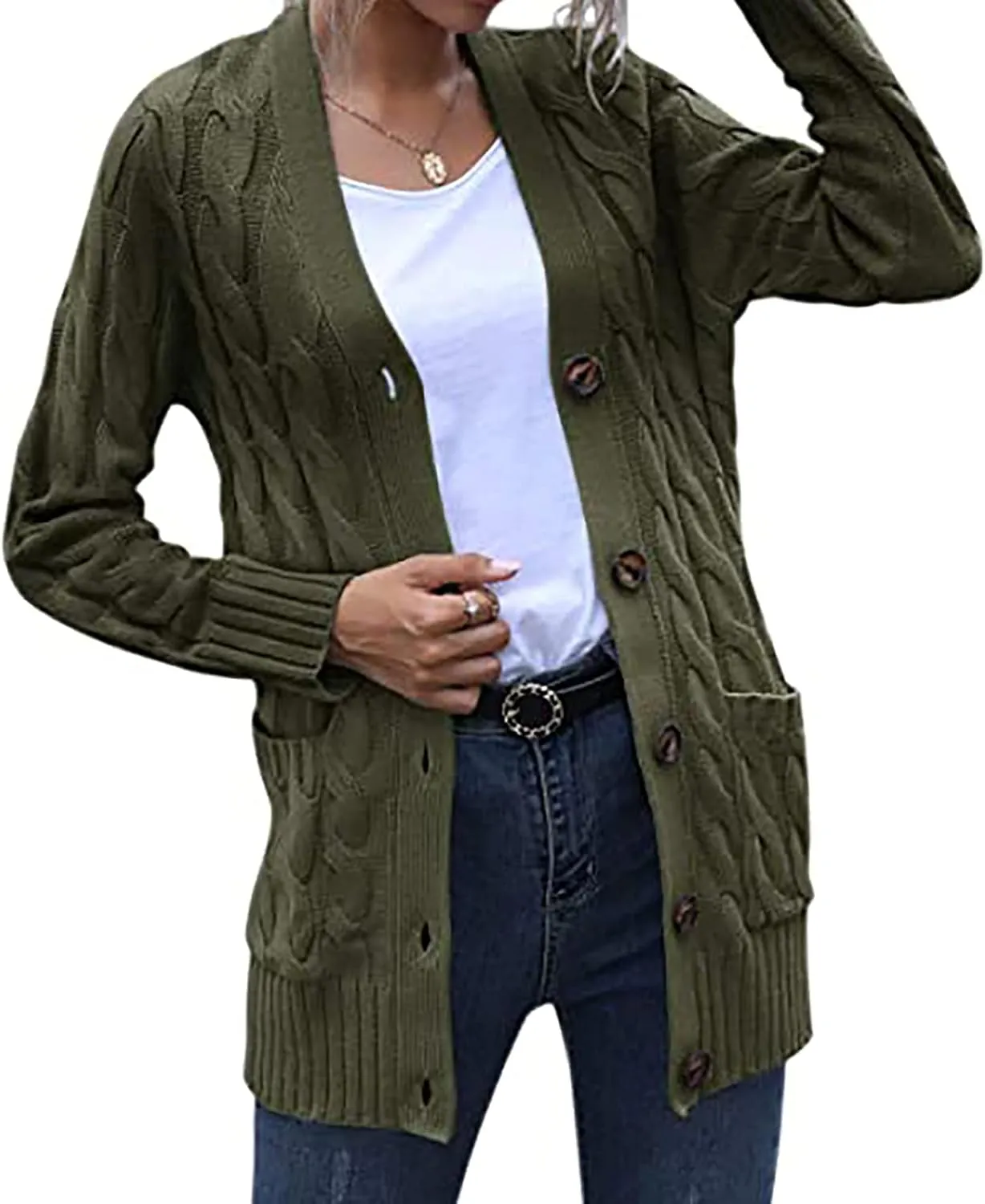 Women's Loose Cable Knit Cardigan Sweater Long Sleeve Open Front Button Down Chunky Knitwear Outerwear with Pockets