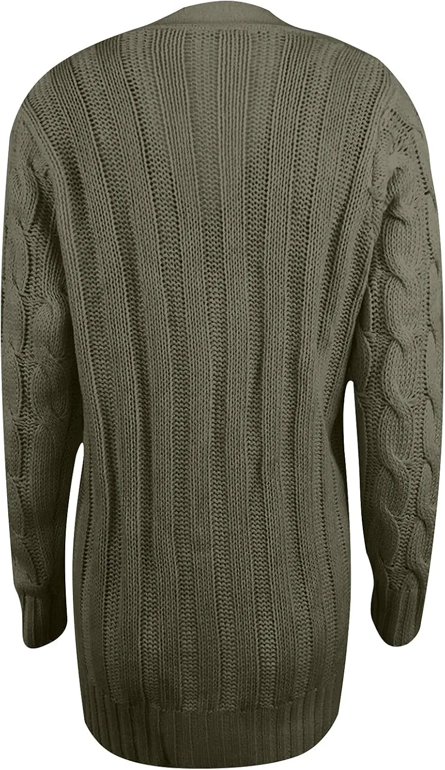 Women's Loose Cable Knit Cardigan Sweater Long Sleeve Open Front Button Down Chunky Knitwear Outerwear with Pockets