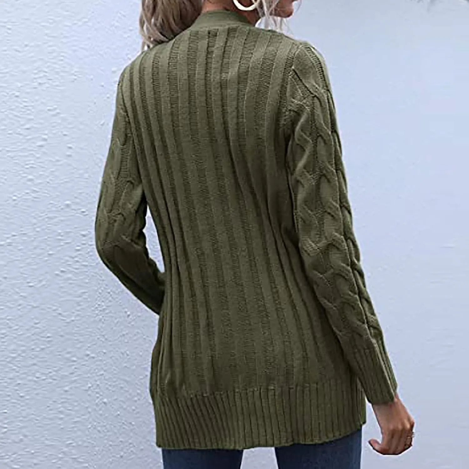 Women's Loose Cable Knit Cardigan Sweater Long Sleeve Open Front Button Down Chunky Knitwear Outerwear with Pockets