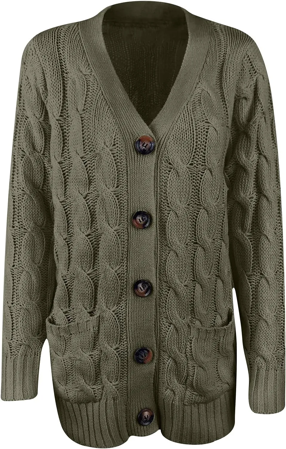 Women's Loose Cable Knit Cardigan Sweater Long Sleeve Open Front Button Down Chunky Knitwear Outerwear with Pockets