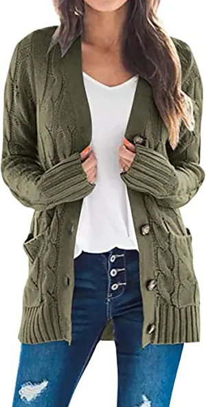 Women's Loose Cable Knit Cardigan Sweater Long Sleeve Open Front Button Down Chunky Knitwear Outerwear with Pockets