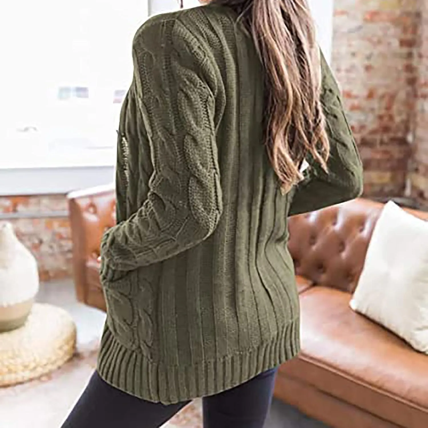 Women's Loose Cable Knit Cardigan Sweater Long Sleeve Open Front Button Down Chunky Knitwear Outerwear with Pockets