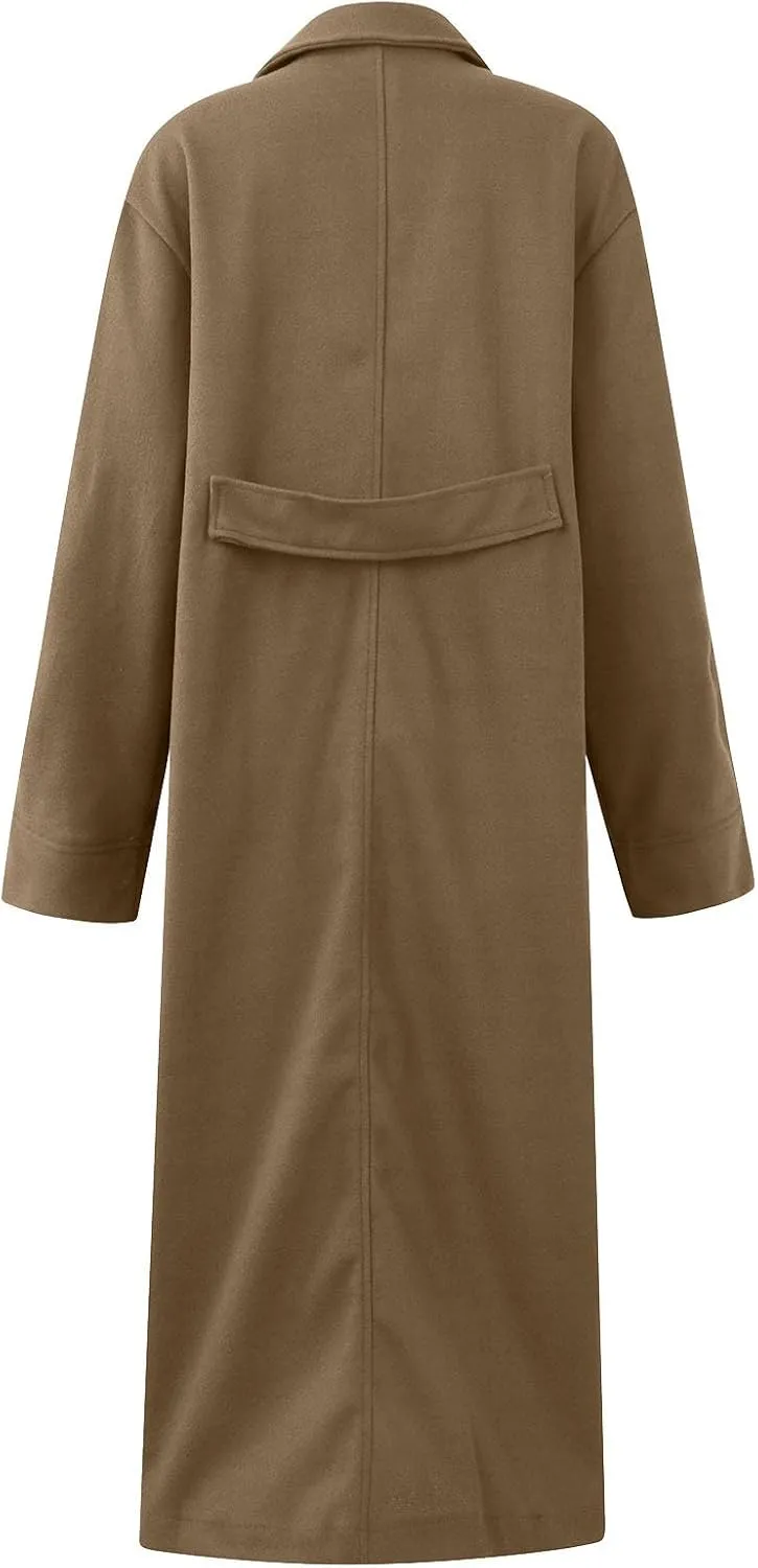 Womens Maxi Wool Blend Trench Coat Elegant Notched Collar Double Breasted Pea Coat Business Casual Office Overcoat