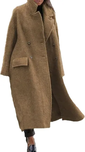 Womens Maxi Wool Blend Trench Coat Elegant Notched Collar Double Breasted Pea Coat Business Casual Office Overcoat