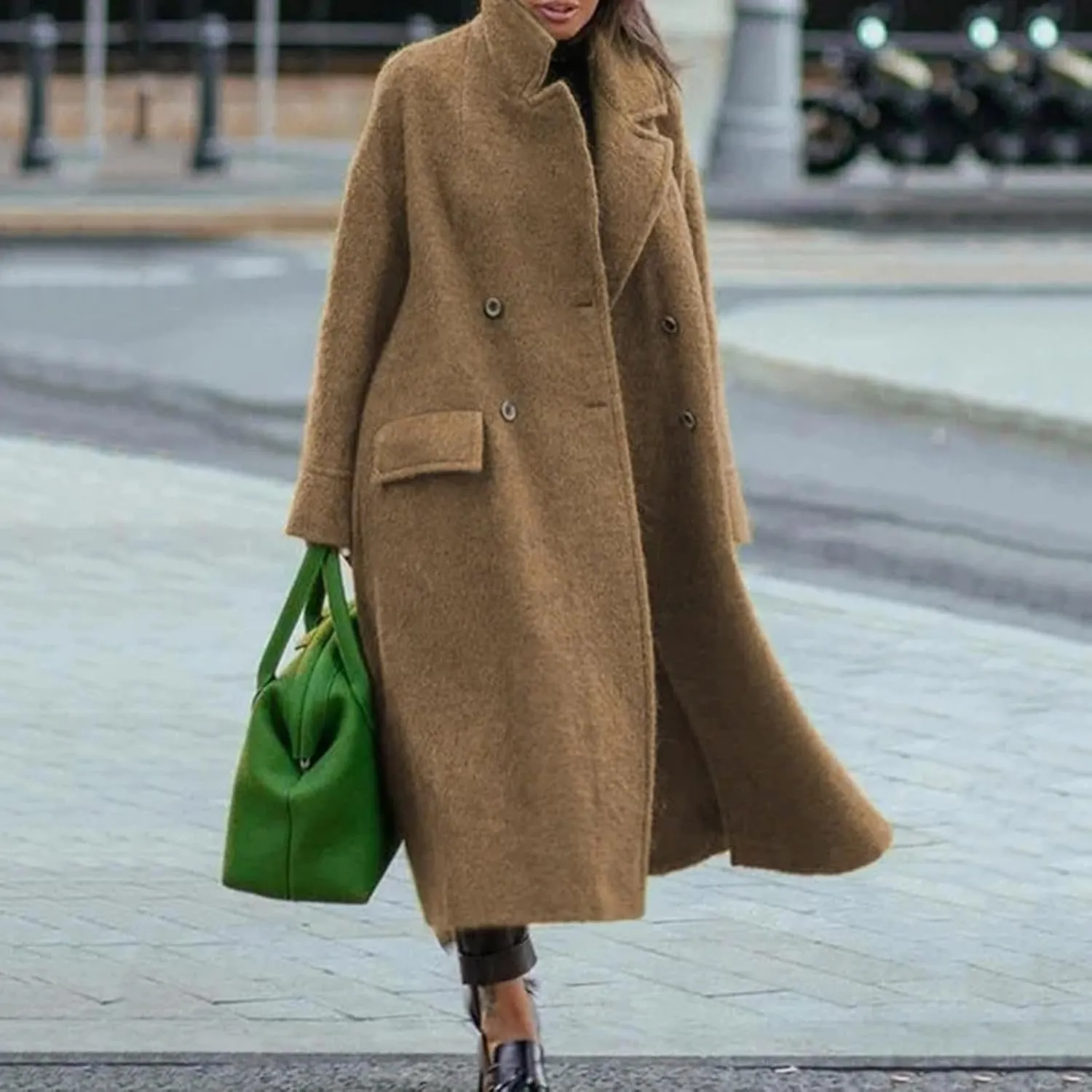 Womens Maxi Wool Blend Trench Coat Elegant Notched Collar Double Breasted Pea Coat Business Casual Office Overcoat