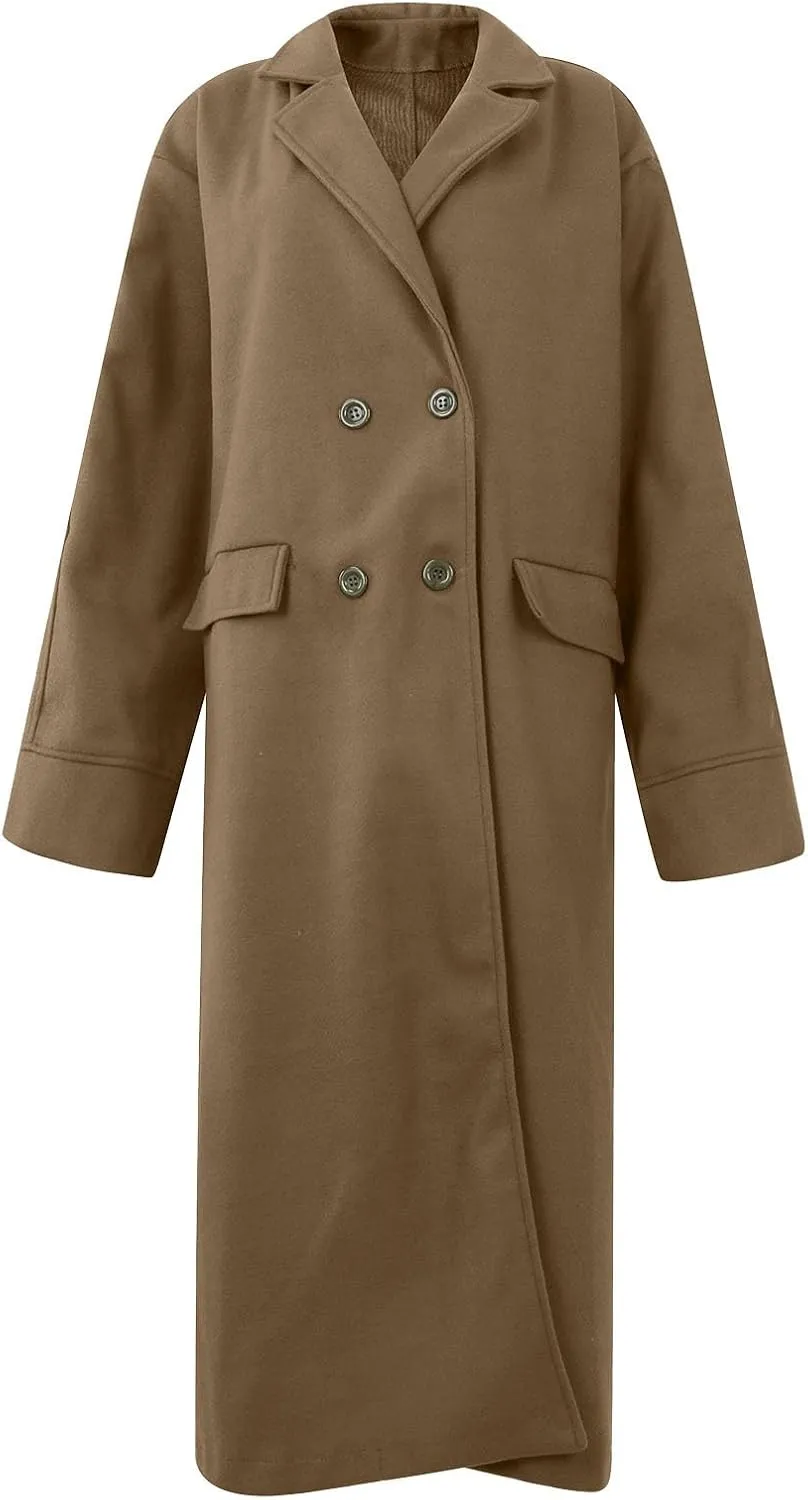 Womens Maxi Wool Blend Trench Coat Elegant Notched Collar Double Breasted Pea Coat Business Casual Office Overcoat