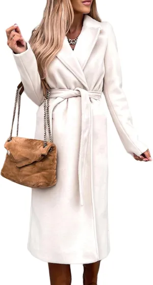 Women's Maxi Wool Blend Wrap Coat with Belt Classic Elegant Overcoat Winter Lapel Trench Coats Open Front Cardigans