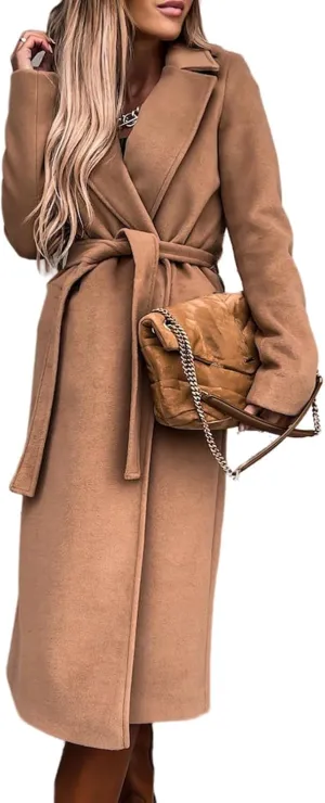 Women's Maxi Wool Blend Wrap Coat with Belt Classic Elegant Overcoat Winter Lapel Trench Coats Open Front Cardigans