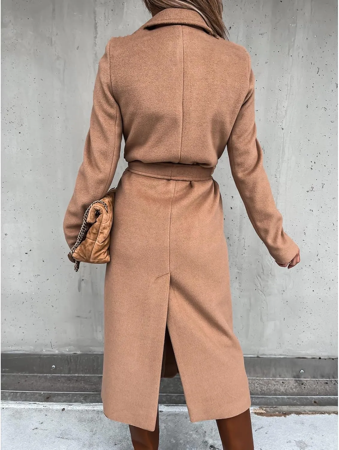 Women's Maxi Wool Blend Wrap Coat with Belt Classic Elegant Overcoat Winter Lapel Trench Coats Open Front Cardigans